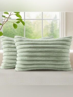 Plush Faux Fur Lumbar Pillow Covers Rectangular 12x20” (2-Pack) SAGE GREEN
